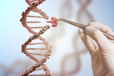 hand holding tweezers plucking out piece of DNA | image credit: @vchalup stock.adobe.com