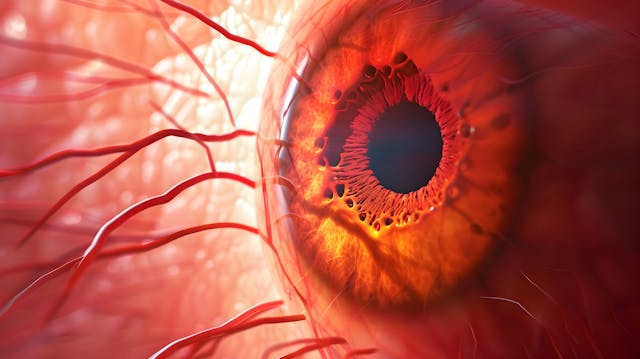 front of eye reddish color illustration of diabetic retinopathy | Image credit ©ramzan stock.adobe.com