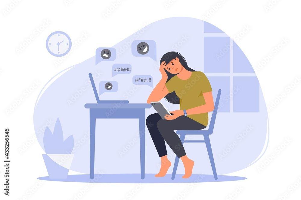 cartoon for depressed woman looking at a phone | Image credit: ©Nataliia  stock.adobe.com